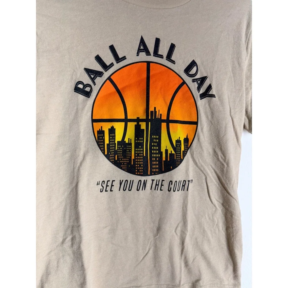 Old Navy Boys Tan Ball All Day Basketball Graphic Tee Shirt Size L 10-12 Khaki